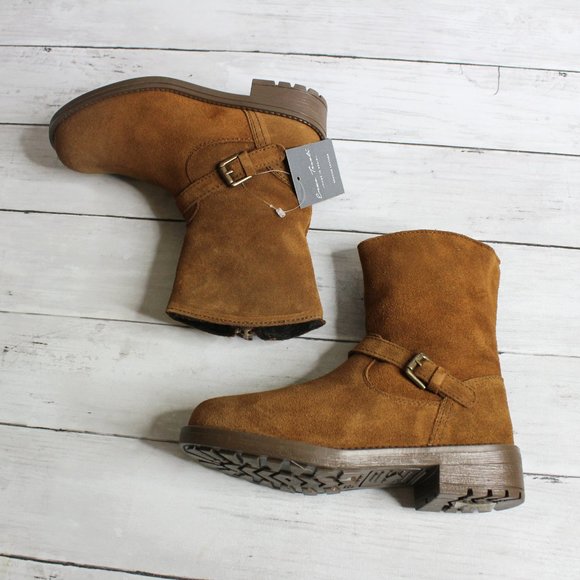 Enzo Tesoti Girl Kid Size 12 Brown Genuine Suede Leather Boots Fur Lined - Picture 1 of 9